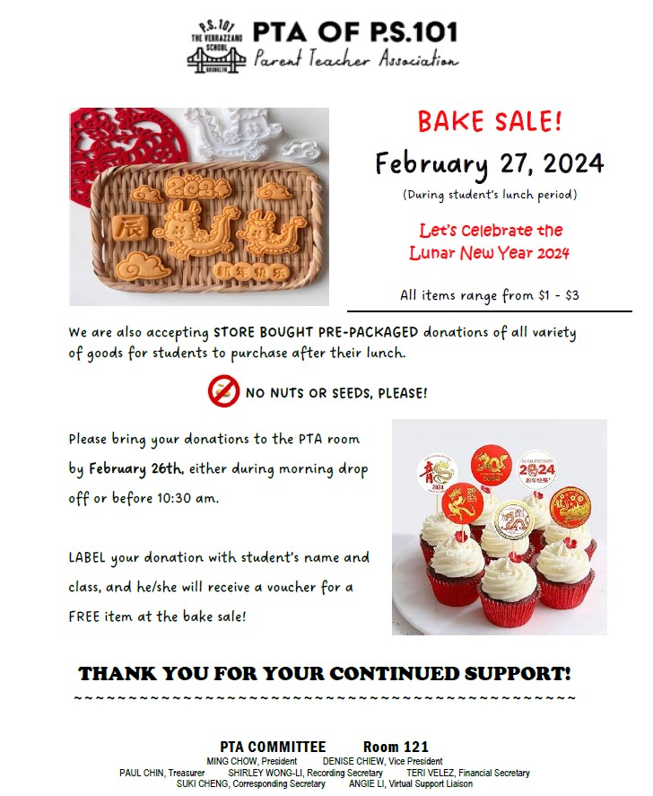 image of flyer for PTA bake sale on February 27th