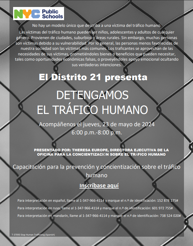 image of D21 Human Trafficking workshop flyer in Spanish