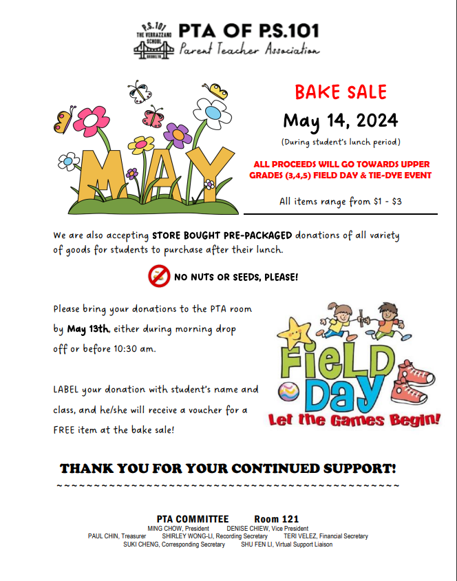 image of PS 101 Bake sale flyer on May 14th, 2024
